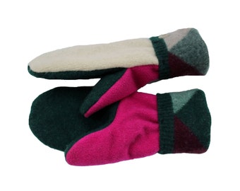 Ivory, Hot Pink, Forest Green, Plum Wool Sweater Mittens with Argyle Cuffs Recycled Wool, Handmade Made in Wisconsin by Sweaty Mitts