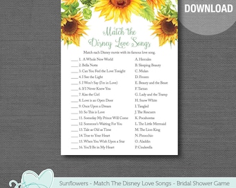 Sunflower Match the Disney Love Songs Bridal Shower Game Printable, Lingerie Shower, Bachelorette Party, Flowers, Floral, Yellow, Green, 40S