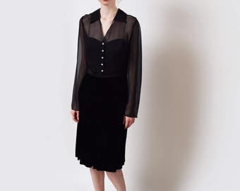 Black Silk Illusion Dress with Velvet Skirt Vintage Sheer Bodice with Sweetheart Neckline S