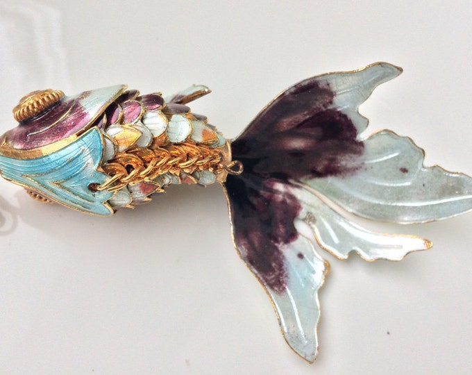 Enamel Fish Necklace Chinese Koi Fish Amethyst Lilac Purple White Cloisonne Asian Silver Gold Articulated Fish Wiggle Figural 1950s Pendant