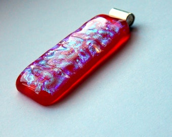 Glowing Red Necklace Fused Glass Jewelry Dichroic Glass Pendant Statement Necklace Slide Charm Glass Slide Blue and Red Fused Glass
