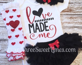 Baby girl Valentine's Day outfit Love Made Me bodysuit opt Leg Warmers Headband Bloomers Red White Black Glitter