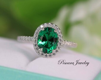 Oval Emerald Ring, Engagement Ring, Oval Engagement Ring, Gemstone Ring, Silver Gemstone Ring, Lab Emerald Ring, Sterling Silver