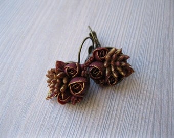 Women birthday gift-for-her Gift-for-mother in law Gold dangle earrings Wine red jewelry Burgundy jewelry Marsala earrings Maroon jewelry