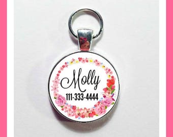 CUSTOM DOG ID Tag, with dog's name and a contact number, cute pet tag, Girly Pet Tag, CaT Id tag, Flowers pet tag, Personalized Pet tag