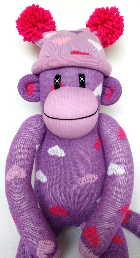 Pretty purple love heart Sock Monkey with lilac pom pom hat