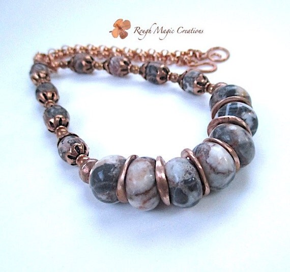 Pink & Gray Stone Necklace Copper Choker Mexican Agate