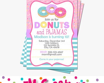 Donut Party Invitation - Doughnut Birthday Invitations - Donut Pajamas Invite - Digital Printable Invitation - Girl Birthday Party Aqua Pink