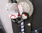 Vintage style Alice in wonderland alternative quirky buttonhole boutonnière wedding corsage shabby chic