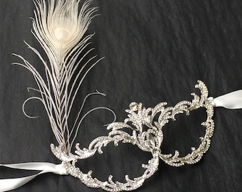 Rhinestone Feather Masquerade Mask, Party Mask, Ball Mask, Masquerade Wedding, Silver Mask, Costume, Carnival, Art Deco, Great Gatsby