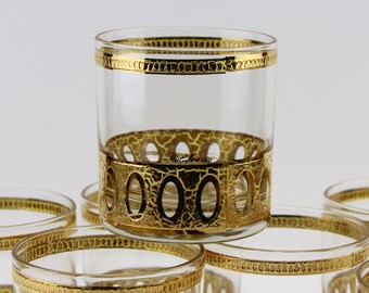 Vintage Culver Antigua Double Old Fashioned Glasses 22K Gold Decorated Set Of 8