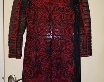 Unique Vintage 1960's Black & Dark Red Psychedelic Filigree Spirals Embroidered Sheer Mesh Maxi Ethnic Art Deco Pattern Dress SM-M