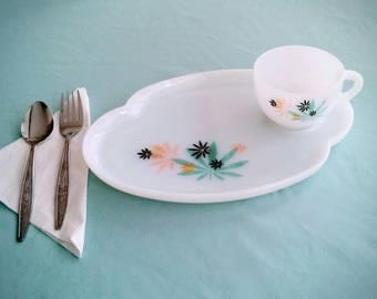 Federal Milk Glass - Atomic Flowers - Japanese Maple/Marijuana Leaf Design - Dish/Cup Set - Serving for 2