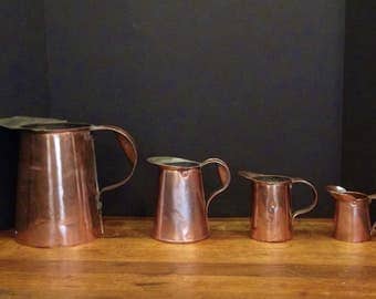 4 Vintage Copper Pitchers - French Decor - Tin Lined - Primitive - Rustic Decor