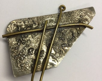 Silver And Brass Modernist Abstract Brooch Pin Signed Hand Made M