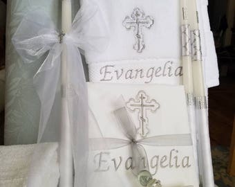 Personalized Baptism Towels, Candles and Oil Sheet for Greek Orthodox Baptism, Bath Towel, Embroidered, Soap and Oil Bottle COMPLETE SET