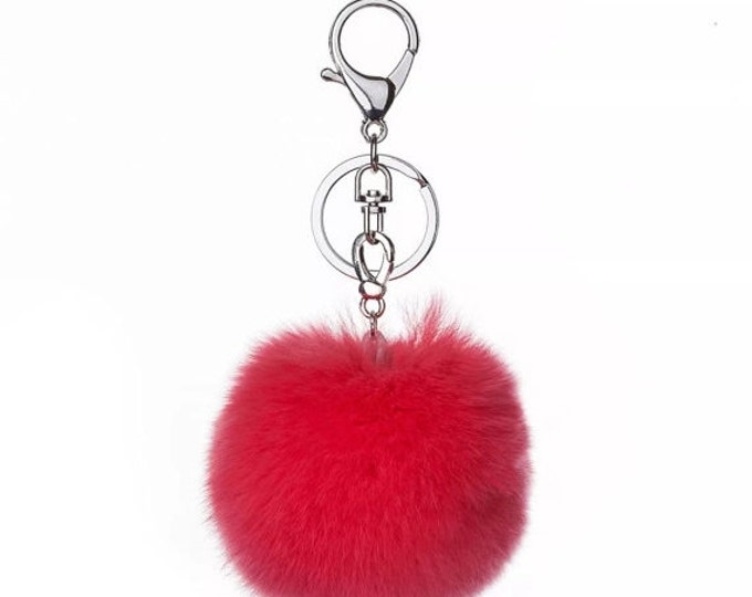 Rose Red Fur pom pom keyring keychain fur puff ball bag pendant charm silver hardware