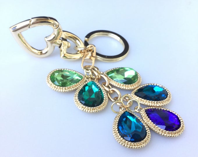 Creative Keychain Keyfob car keyring design in peacock color tones with tassel and charms bag charm pendant