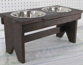 Large Dog Bowl Stand Raised Dog Bowl Feeder Rustic Dog Feeder Farmhouse Style Rustic Stainless Steel Elevated Dog Food Water Bowl Pet Bench