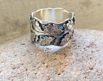 Silver oak leaf ring, Botanical jewellery, Botanical ring, Statement oak leaf sterling silver ring, Silver woodland ring, Rustic leaf ring