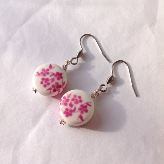 Porcelain Earrings Ceramic Earrings Pink Flower Earrings