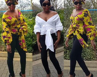 Towani Creations Ankara African Fabric Wrap Top With Exaggerated Ruffle Puff Sleeves Size S,M,L,XL