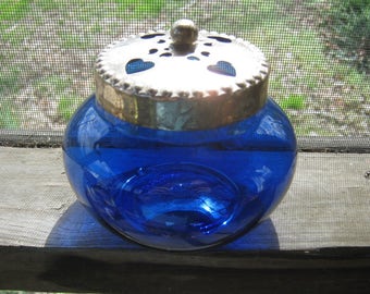 Cobalt Blue Glass Jar, Silvertone Lid With Heart Design, 4 3/4 Inches In Diameter, Excellent Condition, 3 3/4 Inches High, Trinket Dish
