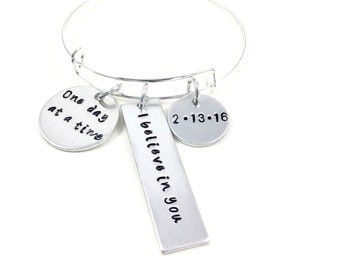 Sobriety gift sobriety anniversary date, Sobriety bracelet sobriety jewelry, Never give up, One day at a time, I believe in you bracelet