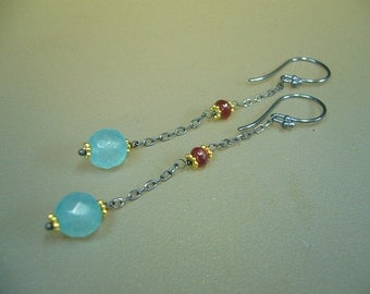 Aqua Blue Chalcedony Ruby Oxidized Sterling Silver Gold Mixed Metal Long Dangle Earrings