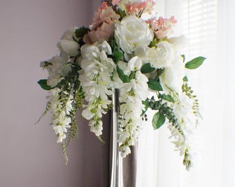 Extra Large Wedding Centerpiece, Cascading Centerpiece, Silk Wedding Flowers, Roses, Fern, Peonies, Wisteria, Wedding Decor Flowers