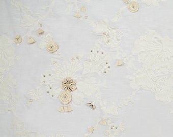 BEACON HILL Sea Queen Nautical Embroidery Seashell Tassels Beads Silk Fabric 10 Yards Tusk