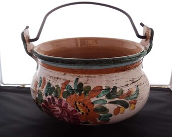 Vintage Hand Painted Italian Pottery Bowl / Cache Pot with Handle
