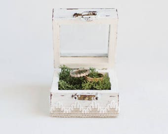 White wedding box Wedding ring box Glass ring box Moss ring bearer box Proposal Box Shabby Chic Ring Box Wedding Holder Ring Bearer Pillow