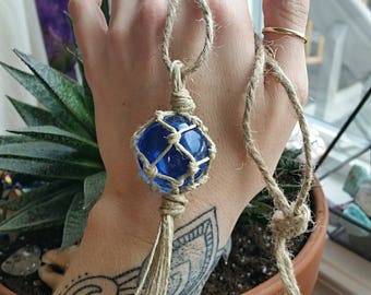 Small blue japanese glass float •rear view mirror charm •car accessory •hemp macrame •boho •beach •mermaid •sea •nautical