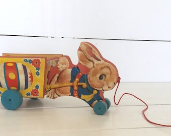 1958 Fisher Price Running Bunny Cart wooden pull toy -easter -rabbit -vintage decor -#311