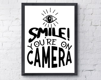 Funny bathroom wall art, PRINTABLE instant download. Smile You're On Camera. Fun home decor