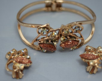 Goldstone and AB Rhinestone Beads Clamper Bracelet and Earrings