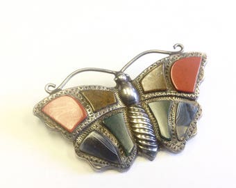 Antique, Victorian, Scottish agate and silver butterfly brooch.