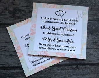 Personalised Vintage Floral Style Wedding Favour Alternative Charity Donation Note Mr & Mrs Guests Family Friends Bride Groom Donate Giving