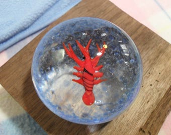Vintage Glass Paperweight with Bright Red Orange Lobster