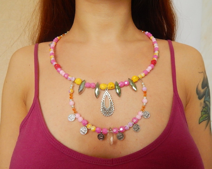 Multicolor necklace, ethnic necklace, hippie necklace, skull necklace, yellow pink necklace, festival jewelry, summer jewelry, gift for her