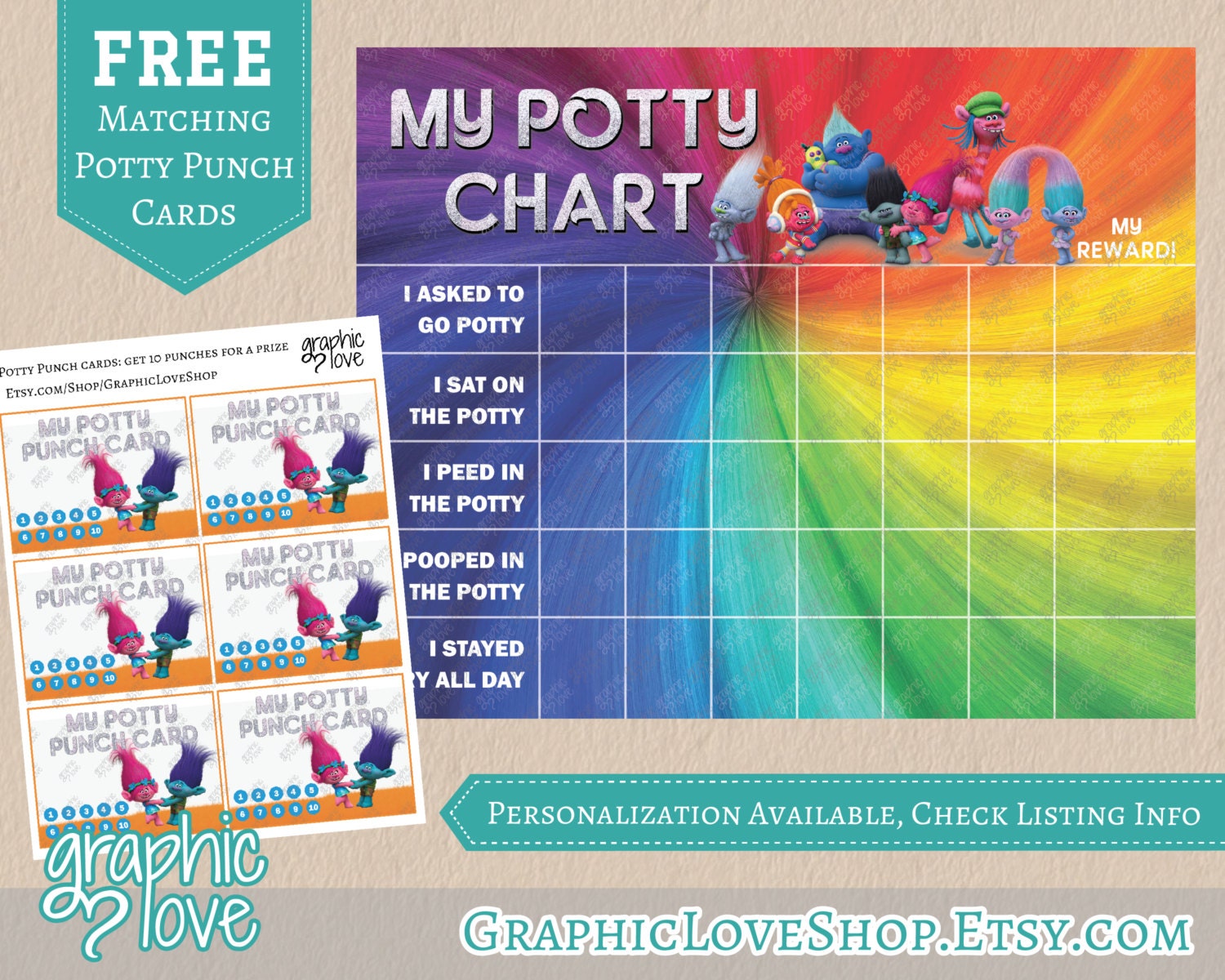 Printable Trolls Potty Training Chart Set, FREE Punch Cards Digital 
