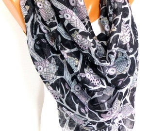 Scarf, Scarves, Owl Scarf, Owl Patterned Scarf, Shawls, Owl Printed Scarves, Women Fashion Accessory, Lightwiegt Summer Scarf, Gift for her