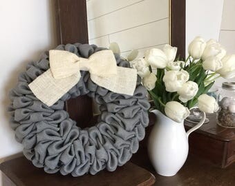 Grey burlap bubble wreath with bow