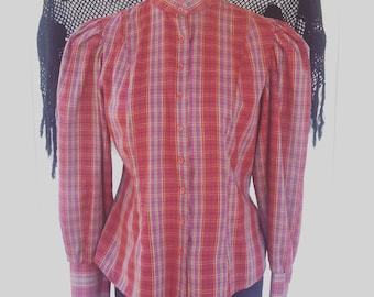 Vintage Blouse, 80s Red Check Retro Blouse, Shirt - Maroon Blouse - Small