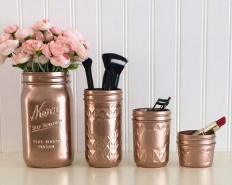 Painted Mason Jars, Makeup Organizer, Makeup Brush Holder, Rose Gold Mason Jars, Vanity Organizer, Vanity Accessories, Bathroom Decor, Vase