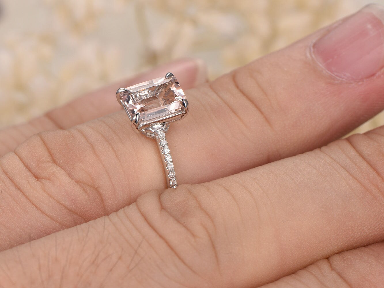 79mm Emerald Cut Morganite Ring Solid 14k White Gold Pink