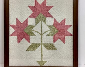 Antique Quilt Square/Vintage Framed Quilt Square/ Antique Applique Quilt Patch/ Framed Antique Quilt Piece