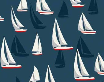 Sea View Cotton Fabric Makower Sailboats on Blue