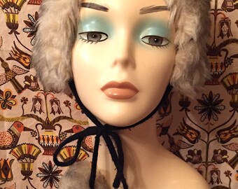 Vintage 1970's Faux Fur Hat with Pom Poms Mod Snow Bunny Boho Hippie Winter Hat Festival